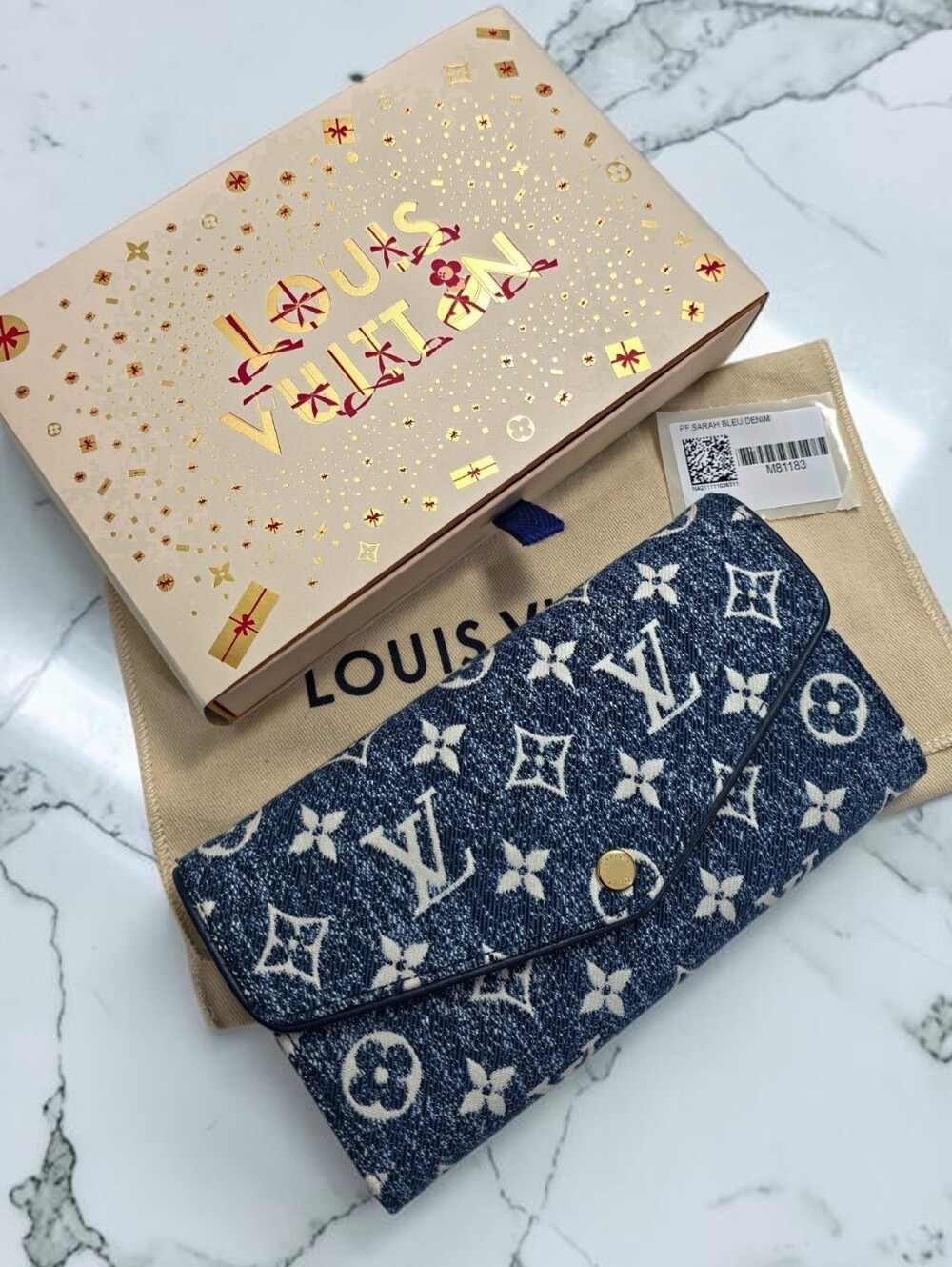 NWT Louis Vuitton Sarah Denim Wallet Blue Full Set
